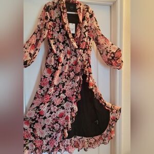 💐Bardot Pink and Black Wrap Maxi Dress with Bishop Sleeves